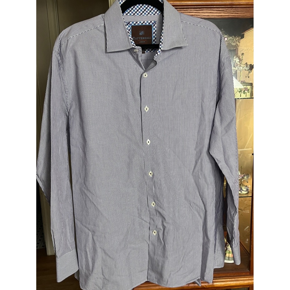 Tattersall London Mens Blue White Striped Dress Shirt 17.5 34/35 Cotton